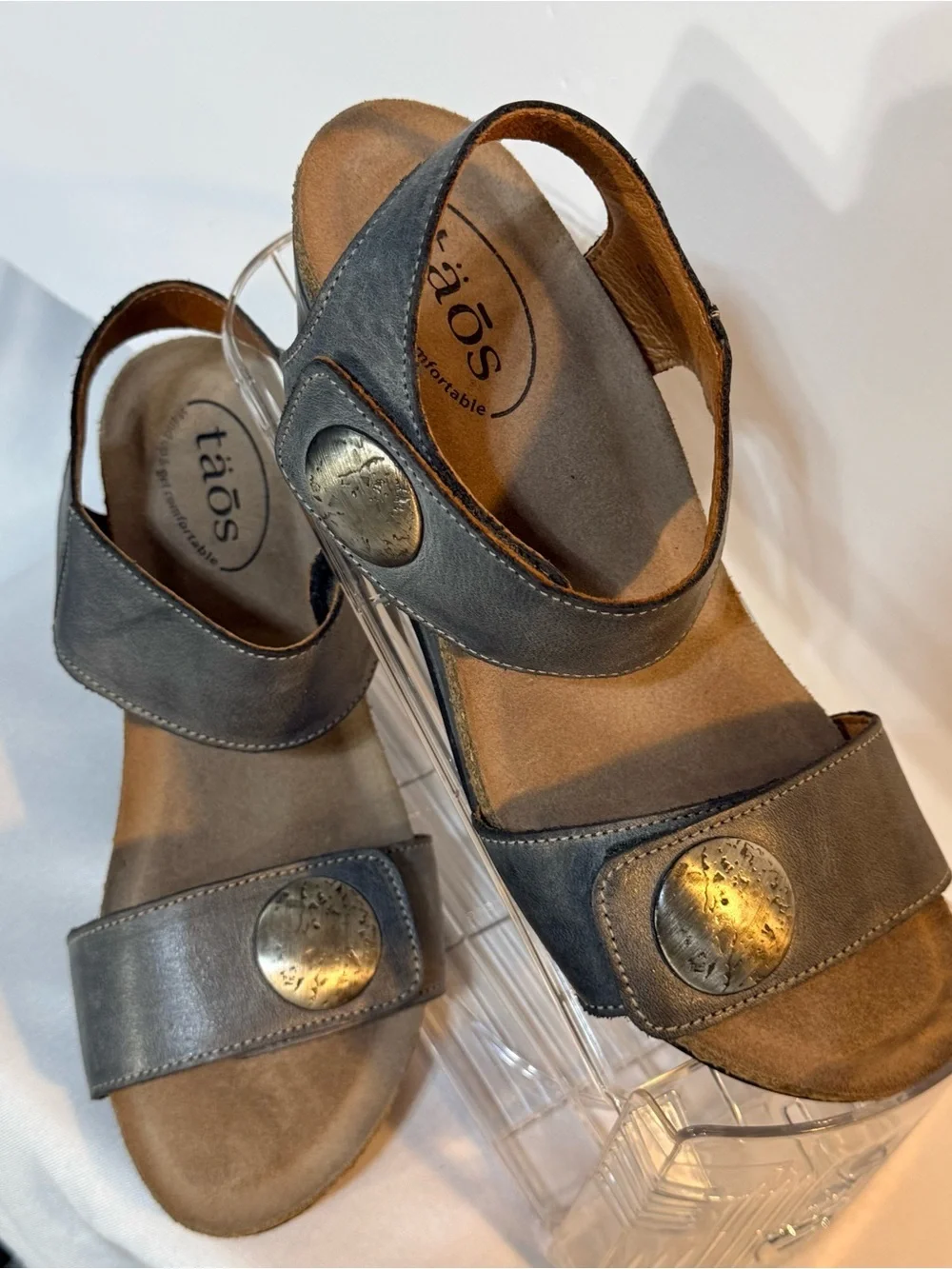 Taos Leather Wedge Sandals Gray Adjustable Comfort Sandals EU 38 US 7.5